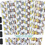 Outside the Box Papers Baby Animal Themed Paper Drinking Straws with Elephants, Giraffes and Monkeys 7.75 Inches Pack of 75 Brown, yellow, blue, white