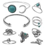 8 PCS Women Alloy Vintage Bohemian Elephant Head Moon Snake Turquoise Joint Knuckle Nail Midi Rings with 2 Bracelets Set