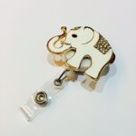 Bling Rhinestone white Indian elephant blossom Decorated Retractable Badge Reel ID Holder with Clip Backin