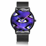Customized Purple Eye Wrist Watch, Black Steel Watch Band Black Dial Plate Fashionable Wrist Watch for Women or Men