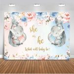 Mocsicka Little Elephant Gender Reveal Backdrop 7x5ft Boy or Girl Elephant Gender Surprise Party Decoration Banner Photography Background Floral Elephant He or She Photo Backdrops