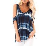 Womens Knot Print Casual T-Shirt Top Summer Short Sleeve Loose V Neck Blouse Navy