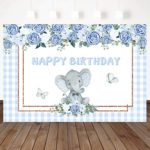 Mocsicka Elephant Boy Happy Birthday Backdrop Blue Plaid Background 7X5ft Watercolor Floral Butterfly Elephant Birthday Party Backdrops