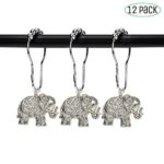 Elephant Bathroom Shower Curtain Hooks – Brushed nickel rings,rustproof decorative accessories set design for bath room curtain, kids room,condo,home,hotel (Antique silver, stainless steel, set of 12)