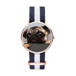 SunbirdsEast Pug Dog Watch Nylon Band for Men 40mm Analog Quartz Wrist Rose Gold Unisex Stainless Steel Children Nylon Multi-Color Striped Band Watch