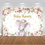 Mocsicka Girl Elephant Baby Shower Backdrop 7x5ft Vinyl Pink Floral Elephant Baby Girl Photography Background It’s a Girl Elephant Photo Backdrops