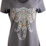 Elephant Aesthetic | Ornate Stylized Line Art Yoga V-Neck T-Shirt for Women-(Vneck,L) Retro Grey