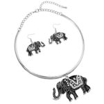 Rosemarie & Jubalee Women’s Majestic Enamel Coated Crystal Accented Lucky Elephant Statement Necklace Earrings Set, 12″-14″ with 2″ Extension (Black Enamel on Silver Tone)