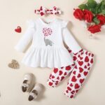 Noubeau My 1st Valentines Day Baby Girl Outfits Ruffle Heart Print Tunic Drees Shirt Stripe Pants Legging Winter Clothes?Elephant- Heart,Newborn?