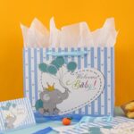 U’COVER 13″ Welcome Baby Boy Girl Gift Bags for Baby Shower Medium Size with Ribbon Handles Cute Elephant Balloon Kraft Paper Bag with Tissue Paper Greeting Card 13 * 4.7 * 10 inch