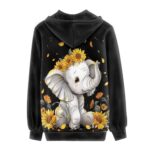 Tongluoye Sunflower Elephant Zip Up Jackets for Women Teen Girls Hoodies & Sweatshirts Plus Size 3XL Spring Tops Fall Outfits Yoga Clothing Womens Clothes Casual Drawstring Jacket With Pocket