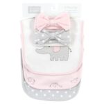 Hudson Baby Unisex Baby Cotton Bib and Headband or Caps Set, Pink Gray Elephant, One Size