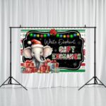 Printspree Christmas White Elephant Gift Exchange Backdrop – 5x3ft Cute Elephant with Santa Hat Holiday Party Decoration with Presents and Lights Festive Winter Wonderland Banner for Christmas Party