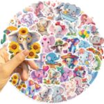 Cute Elephant Stickers Pack – 50 PCS Waterproof Vinyl Cartoon Wildlife Elephant Decals for Scrapbooking, Laptop, Water Bottle, Phone Case, Party Favors